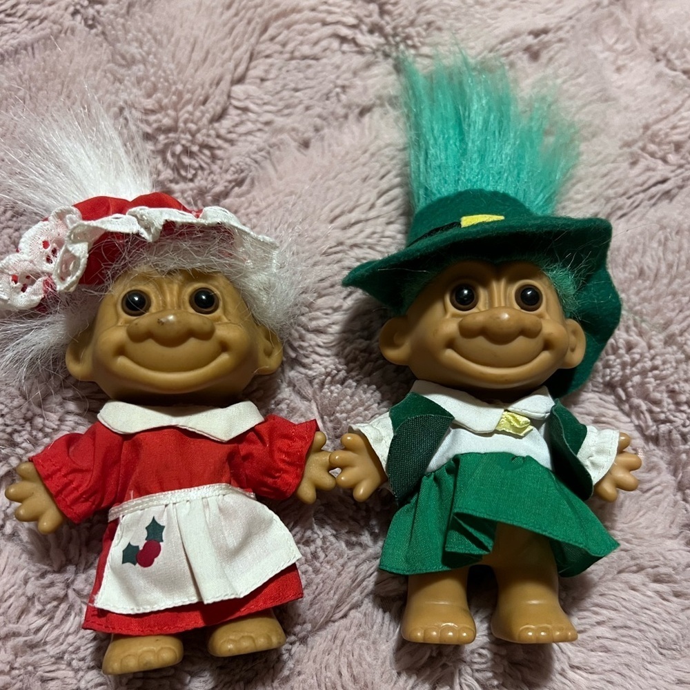 TWO vintage RUSS troll figures: Christmas & Leprechaun